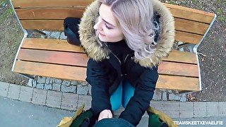 Naughty Russian teen Eva Elfie gives a blowjob in public for money