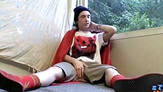 Young guy Sean Johansen drips cum while wearing red shoes