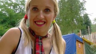 Blond schoolgirl Katie drives her bicycle and masturbates in her garden