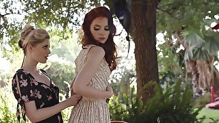 Blonde beauty cannot wait to fuck a sexy redhead outside