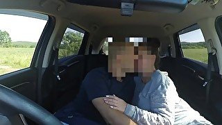 Amateur couple hot fucking in a car during trip! Big cock and creamy pussy!