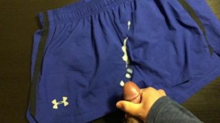 Cuming on my roommate under armour short