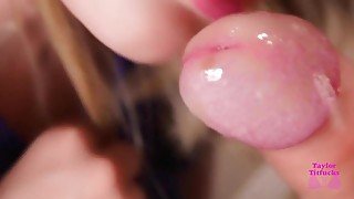 Extreme close-up, extremely messy dirty-talking throatfuck with explosive cum in throat