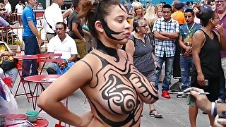 Big tits girl public body painting