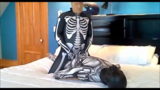 Spandex skeleton with stocking mask gassing black masked android