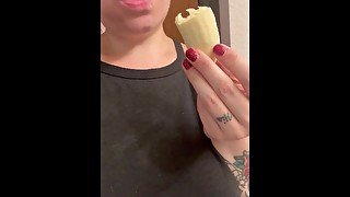 BBW stepmom MILF eats sucks and deep throats a banana