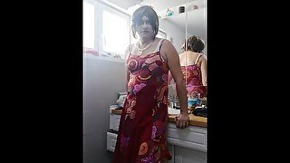 Patty crossdresser red summer dress and dildo fun