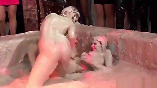 Crazy Lesbian Paint Wrestling Fun Scene