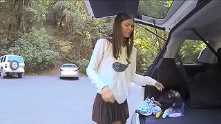 Bootyful leggy brunette masturbates her trench outdoors