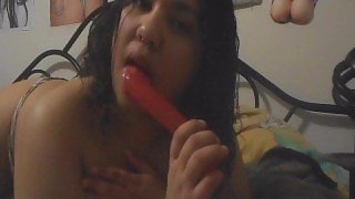 Chubby Teen Gives Dildo a BJ And a Handjob