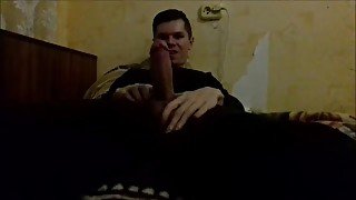 Russian guy plays with big and thick cock