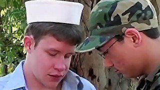 Navy twinks Justin Lake and Frankie Chan fuck outdoors