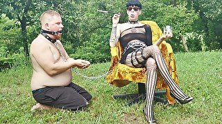 Goth domina take cigarette outdoor serviced out by her pt1 HD