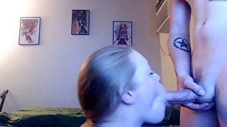 Cute blonde chick sucking shemale's dick and swallows with pleasure