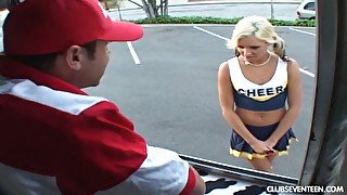 Flat chested pigtailed blondie Kacey Jordan lures ice cream seller for sex