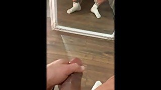 Muscle guy jerking off infront of his mirror cumming all over it