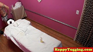 Petite asian masseuse jerking and sucking