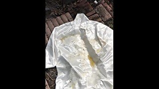 Peeing on a white satin blouse and cumming