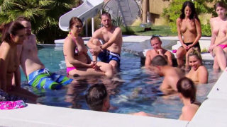 Chubby couple joins other swingers in the pool for hot fun