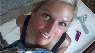 Nasty blonde beauty gets down on her knees and blows hard cock