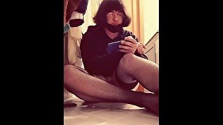 Cute femboy cums on his feet and eats his cum watching his gf masturbate