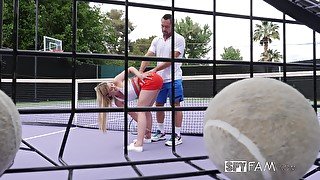 blonde girl Serena Avery rides a friend's penis after training match