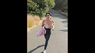 Jogging topless at Lake Murray, huge natural tits flying all over!! Come watch in person!