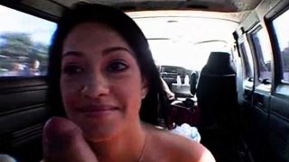 Tiny brunette riding and sucking bus dick