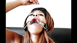 Sloppy deepthroat in open mouth gag