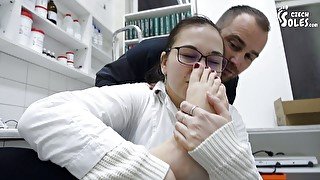 Man worships big bare feet of one cute pharmacist