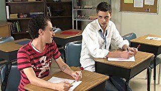 Gay students blowing cocks in classroom