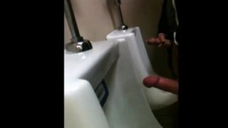 two slim dicks getting wanked at the urinals