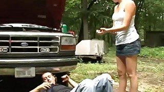 Cute big tit girlfriend  distract her boyfriend from working on his truck!