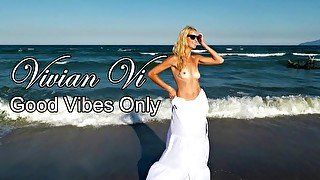 Only good vibes on the beach - just a beautiful blond woman with perfect body naked on the beach