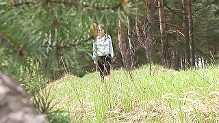 Gorgeous Russian lovely teen in the forest pisses and flashes her pussy