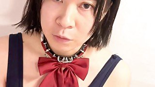 Femboy college girl pissing in tapper while in Japanese heat