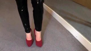 Sexy Latex Liquid Leggings with Red Stilettos Fetish