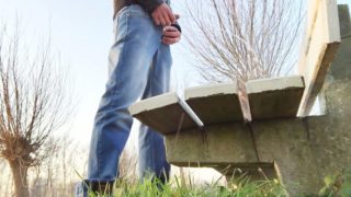 urinating against a bench