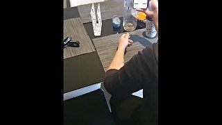 Step mom handjob under table in restaurant make step son cum on her hands