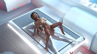 3d sexy sci-fi dickgirl android plays with a hot woman in the space station