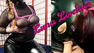 Luna Lovelace - Pink Shibari Chest Harness / Latex hood / Licking Leather Pants