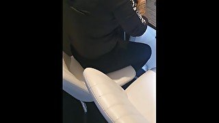 Step mom amazing handjob under table make step son cum on her plate