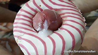 Horny skinny teen fucks a donut with a big dick