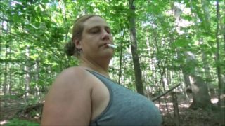 Smoking Showing Off Big Belly in Park with Cumshot on Tongue Frangelica PlanetFunCamp MILF Outdoors