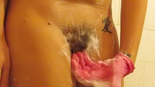 washing my hairy cunt and ass. playing with pussy hairy