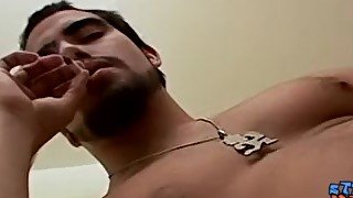 Bearded straight thug Spanky jacks off his cock and cums