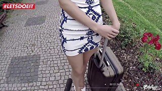 Naughty Czech tourist Ria Sun caught by officer and seduced for hardcore fuck-fest in short dress