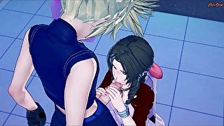 Aerith rides Cloud's dick in the bathroom before getting creampied against a wall. Final Fantasy 7 Hentai.