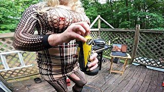 Huge Fake tits cross dresser manning the grill Cumshot finish