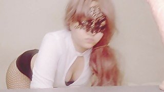 Petite cam model Aiyokusan enjoying dildo blow job wearing fishnet